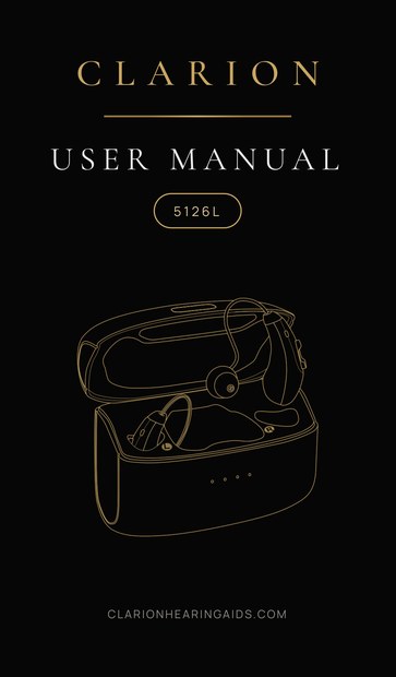 The Clarion Clarity S3 user manual cover: the gold CLARION wordmark over USER MANUAL on black, with a fine gold line drawing of the open charging case.